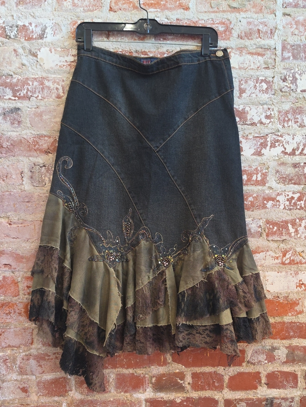Bohemian Layered Midi Skirt in Olive and Black - 1533